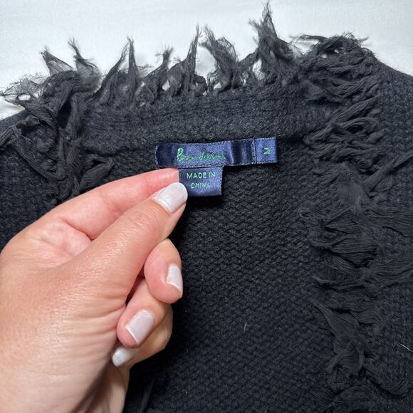 Boden Cardigan Womens Medium Black 100% Lambs Wool Fringe Hook Eye Knit Sweater - Picture 2 of 13